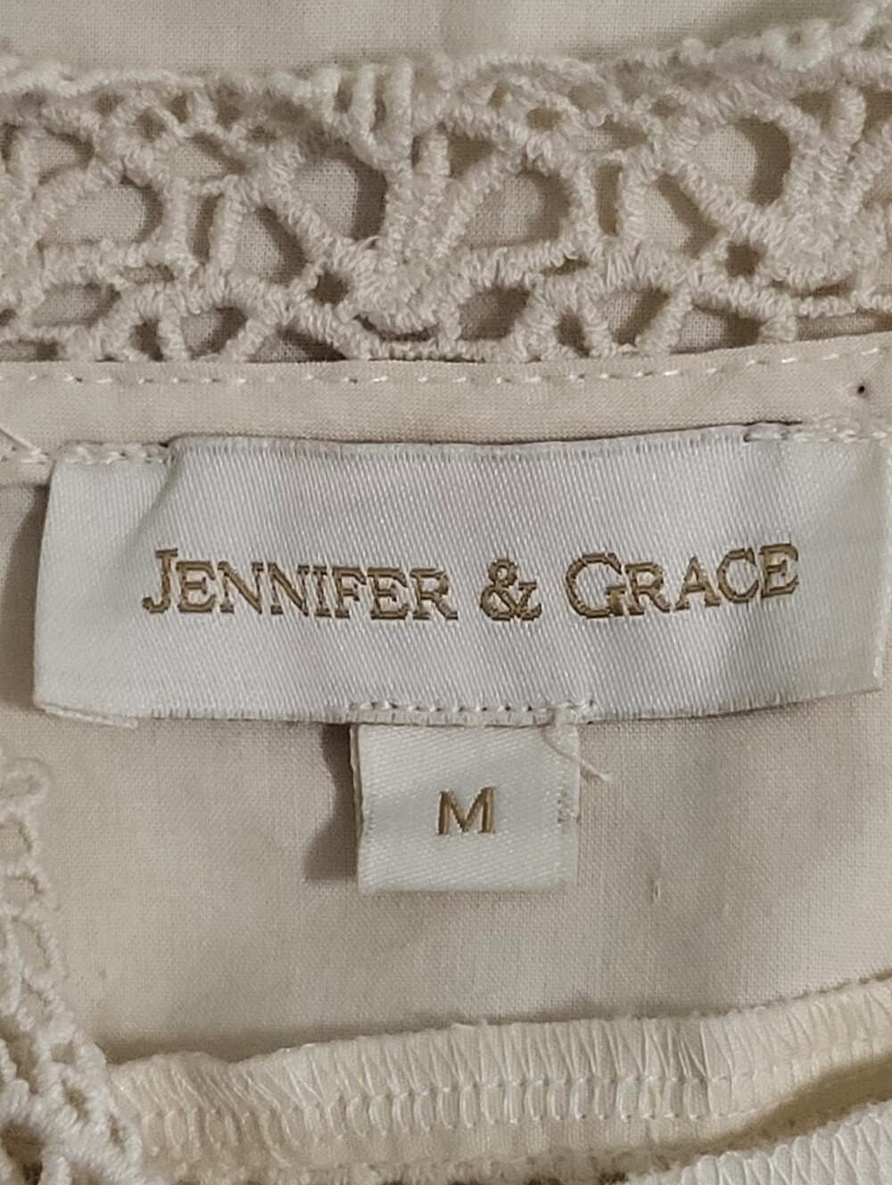 Jennifer & Grace Top Sz M Cream Cross Stitch Embroidery Lace Trim Tie Front Boho - Picture 6 of 16